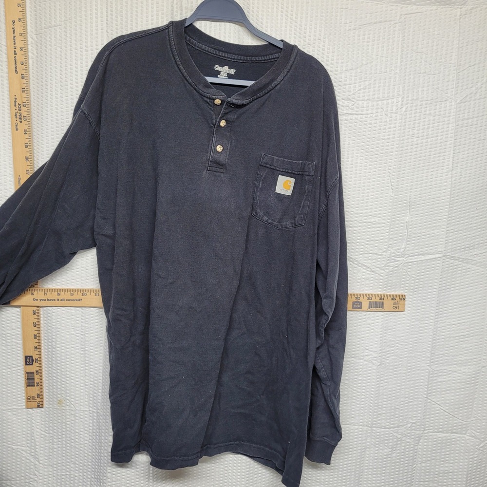 Carhartt Mens 2XL Black Long Sleeve Henley Pocket T-Shirt Faded Workwear